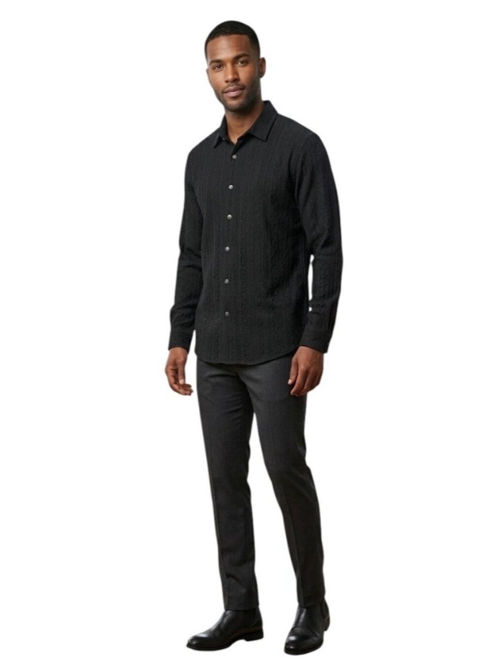 De-Niko Black Textured Long Sleeve Shirt Mens M Button Front Geometric NK-642 NW